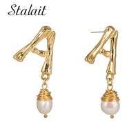 gold 26 initial charm fresh pearl dangle drop earring name letter alphabet earrings for women gift jewelry