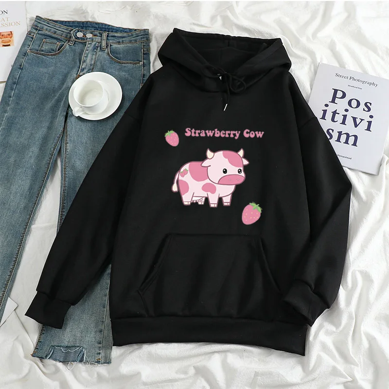 

Strawberry Milk Print Pullover Punk Loose Casual Hoodie Winter Sweatshirt Oversize Harajuku Sports Outfit for Women Man Boy Girl