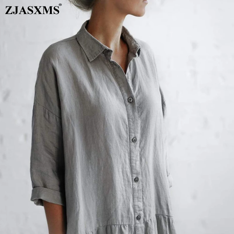 

Женское длинное платье-рубашка с отложным воротником, на пуговицах, осень 2021, хлопковое льняное платье с рукавом 3/4, зимнее однотонное офисн...