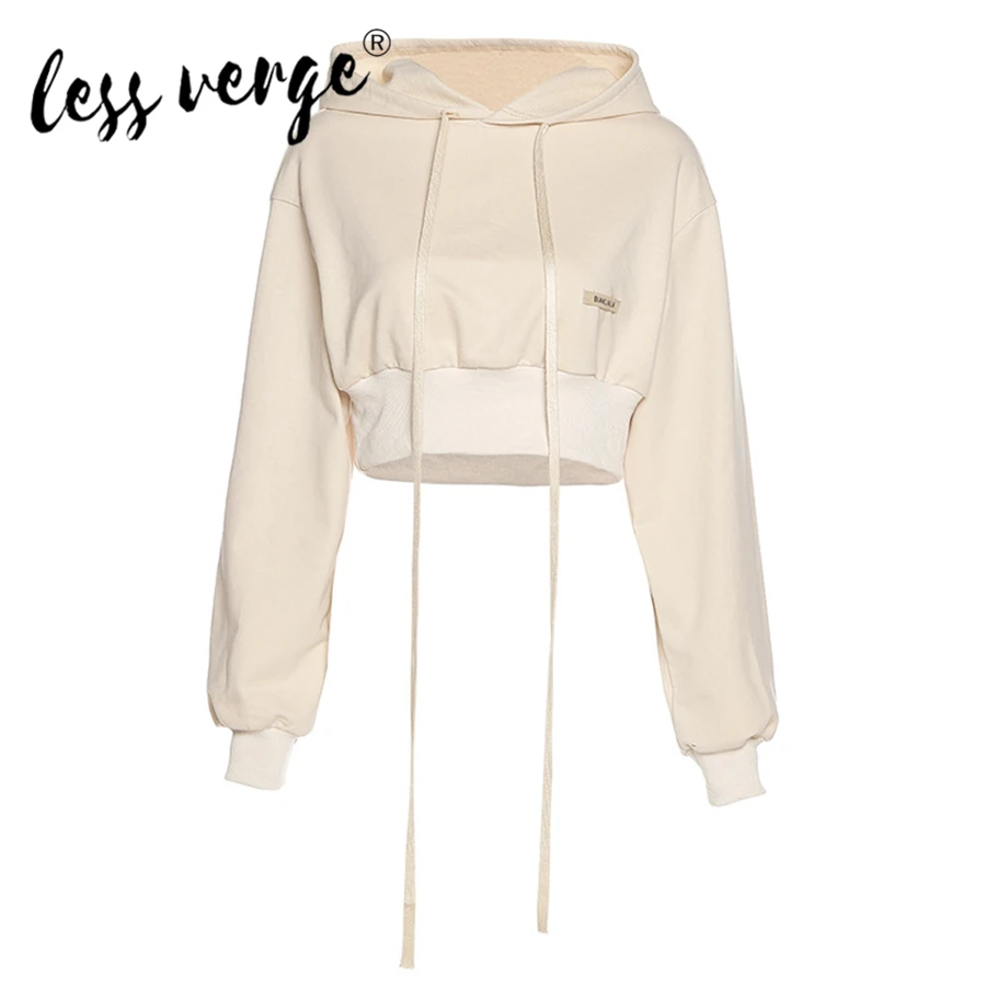 

Lessverge Woman's Sweatshirts Solid Cropped Korean Female Hooded Pullovers 2020 Cotton Long Lace Up Oversized Chic Hoodies