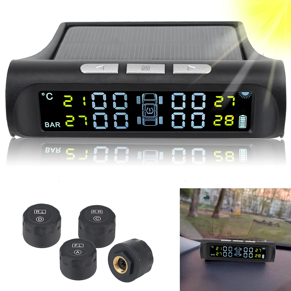 

Solar TPMS 4 Sensors Digital Car Tyre Pressure Monitoring System Tire Diagnostic Tools Alarm Universal Automotive Accessories
