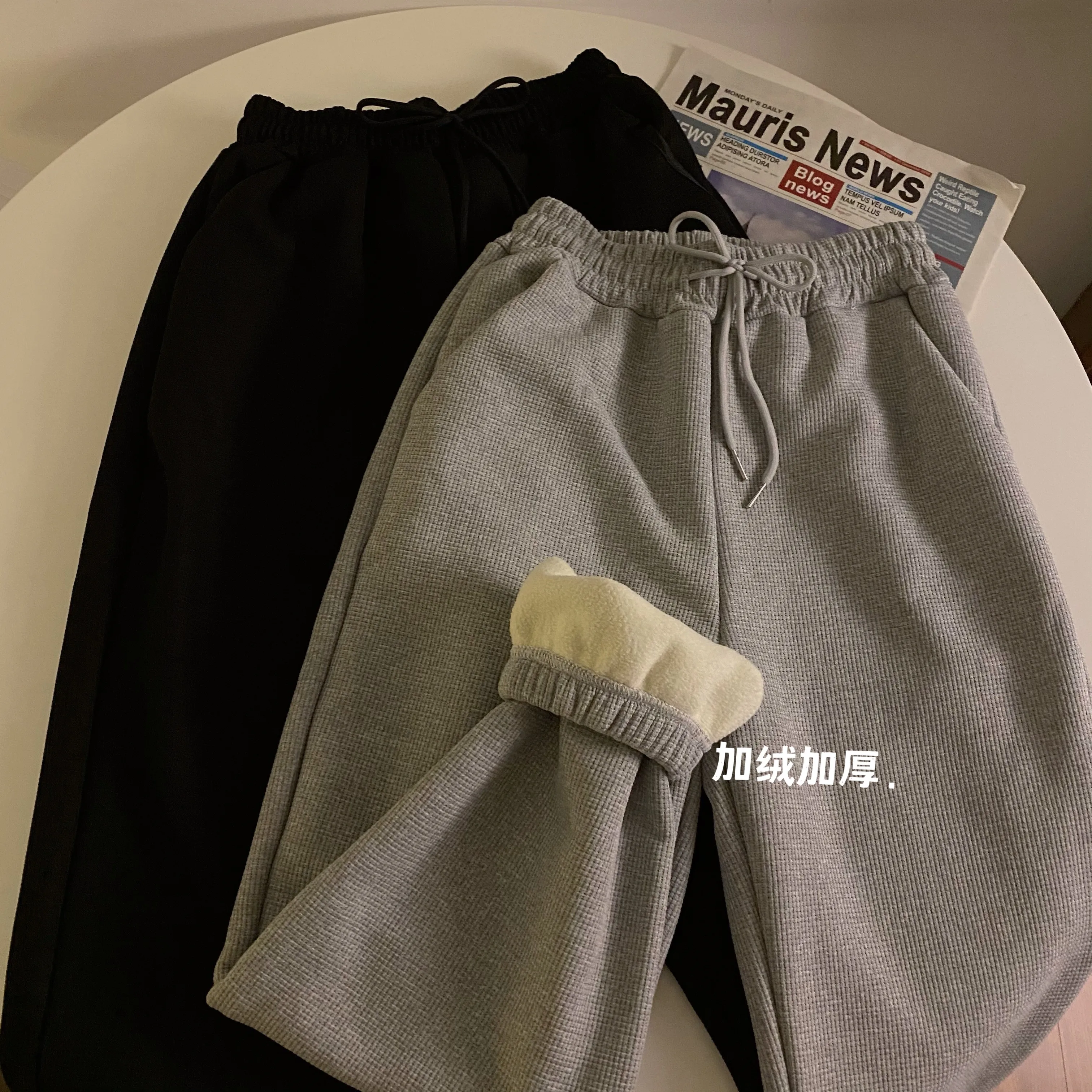 

Waffle plus velvet sweatpants men women's 2022 spring autumn unisex thick warm pants loose feet casual jogging thick trousers