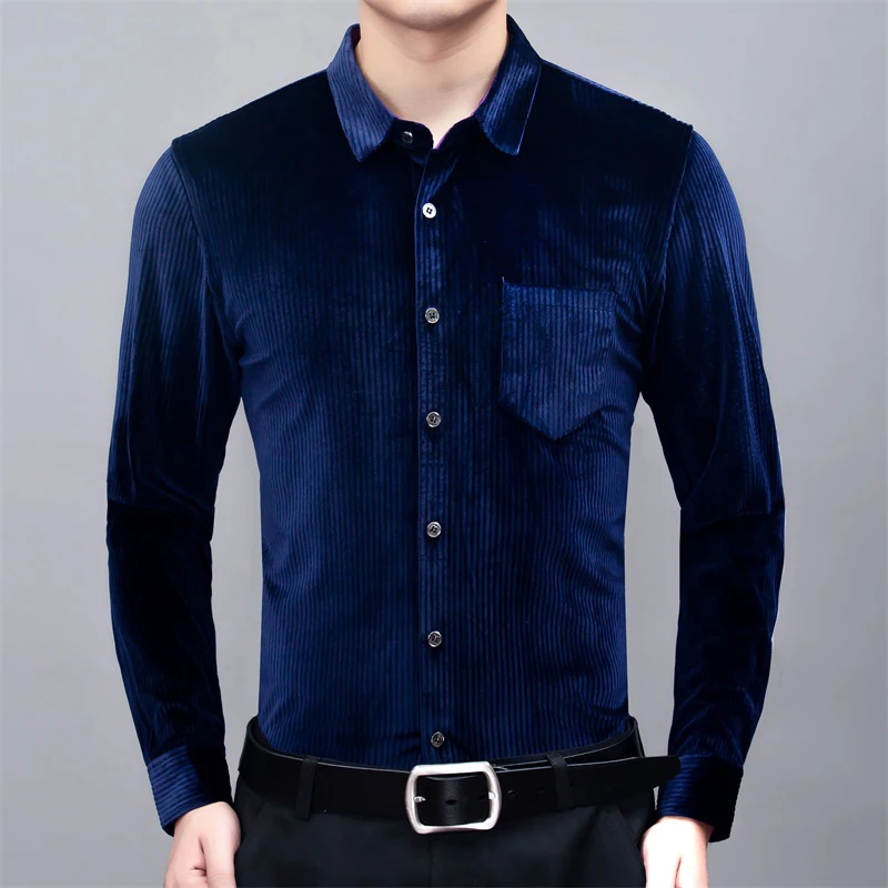 Мужская бархатная Модная рубашка с длинным рукавом и карманами |