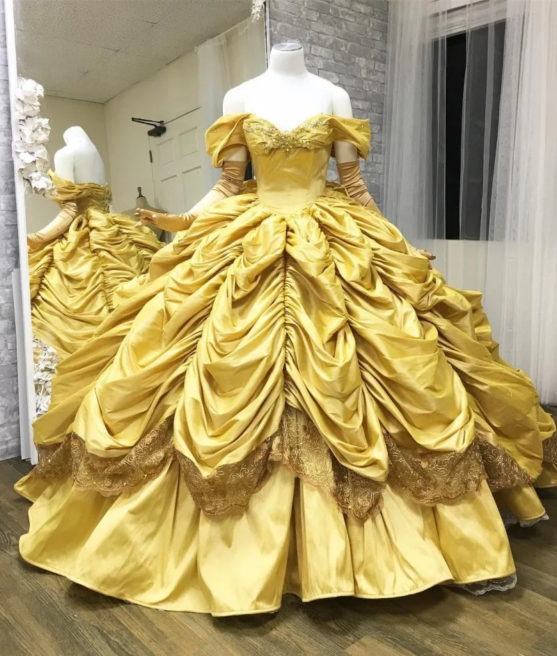 

2021 Yellow Quinceanera Dresses Ball Gown Sexy Sweetheart Off the Shoulder Ruffles Lace Taffeta Formal Women Party Dress