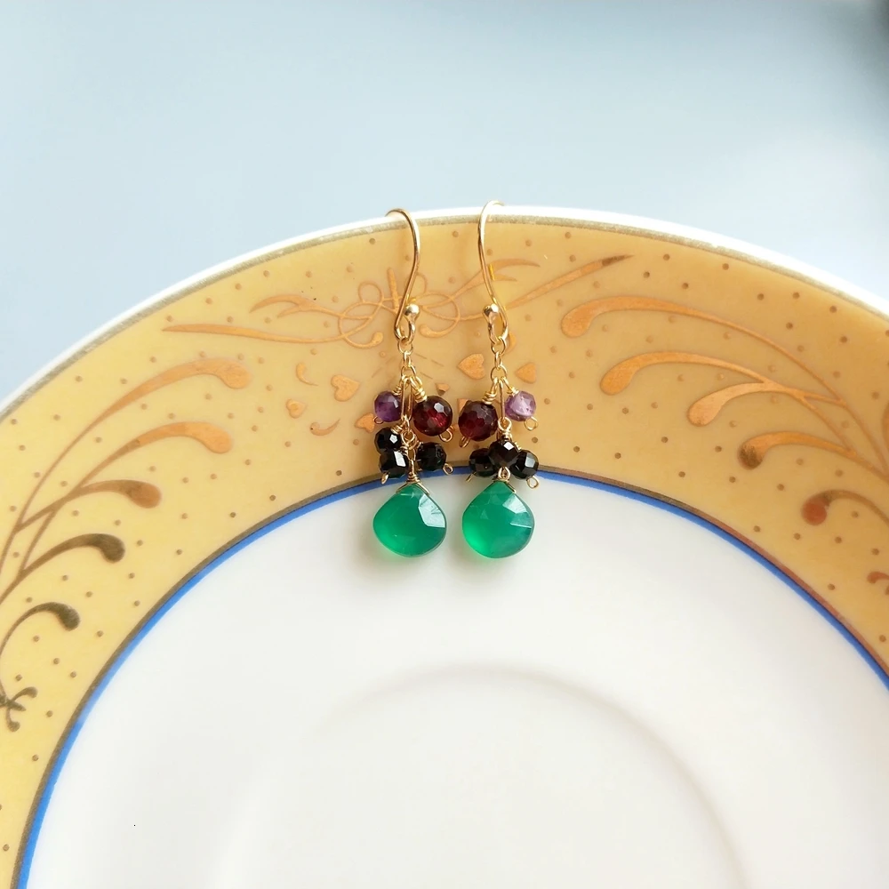 Серьги-подвески женские из серебра 925 пробы с гранатом аметистом и зеленым