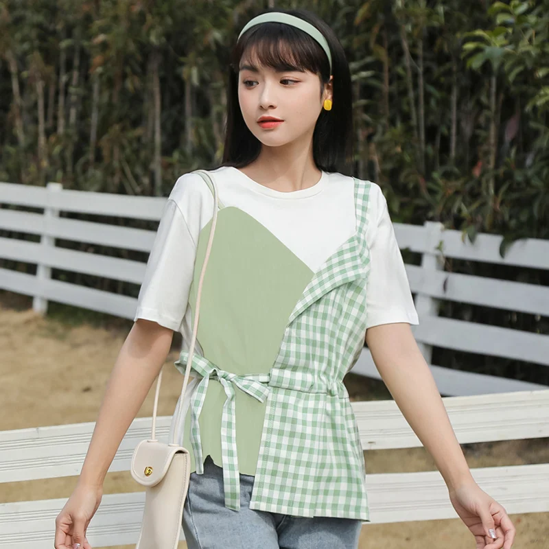 2021 Summer Lovely Plaid Fake Two Piece Women T-shirt Fashion Korean Harajuku Patchwork Loose Round Neck Short Sleeve Tee