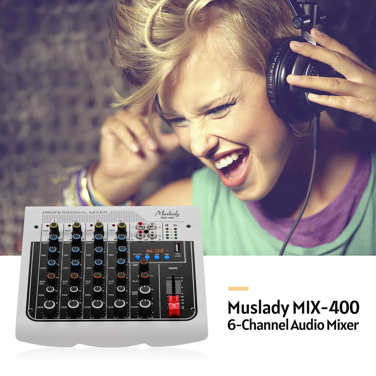 

Muslady MIX-400 Professional 6-Channel Audio Mixer Mixing Console 3-Band EQ with Reverb Delay Effects Wireless Connect