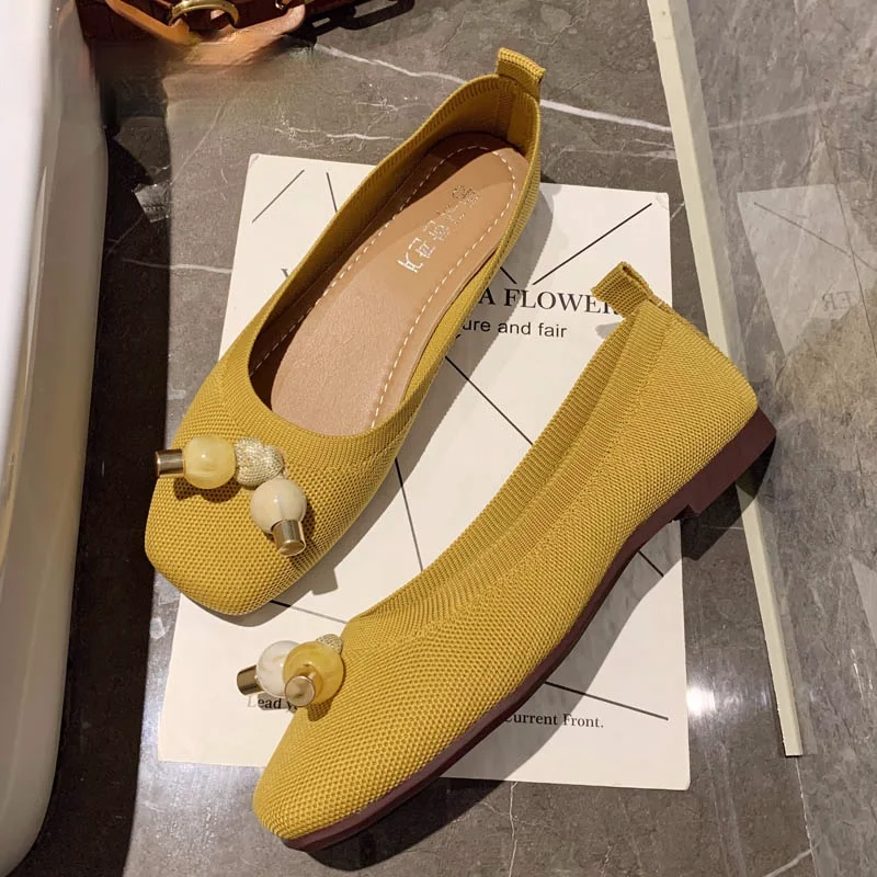 

Women Flats Ballet Shoes Breathable Knitted Square Toe Moccasins Thick Heels Beige Yellow Flat Ballerina Shallow Female Shoes AB