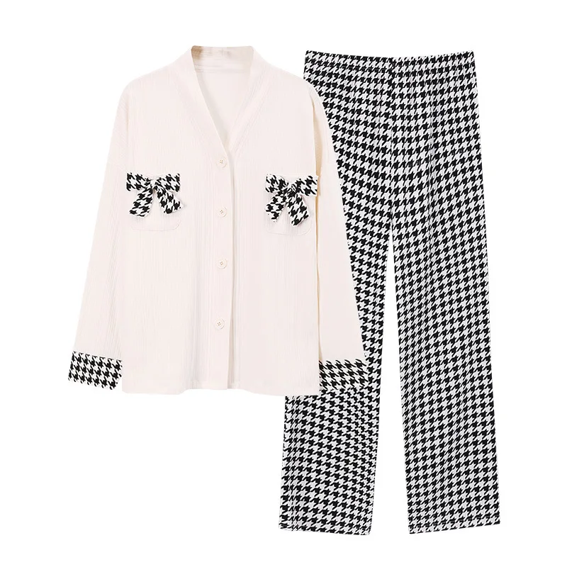 V Neck Sleepwear Women Spring Autumn Pajamas Swallow Gird Casual Pyjama with Trousers 2 Pieces Cotton Mujer Korean Style Outfit