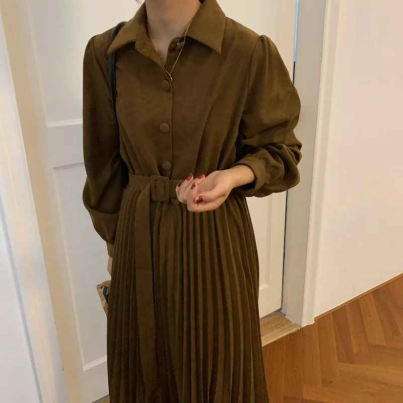 

Snordic Vintage Women Autumn Long Pleated Shirt Dress with Belt High Waist Camel Color Corduroy Full Sleeve