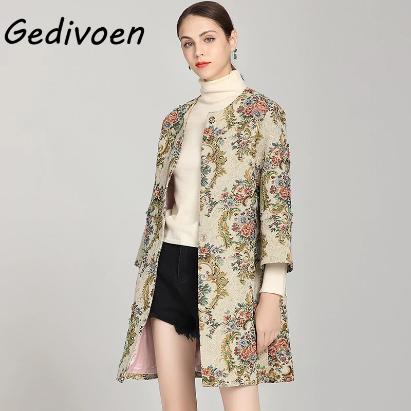 

Gedivoen Vintage Jacquard Flower Print Autumn Winter Long Overcoat Outwear Women's Beaded 3/4 Sleeve Covered Button Jackets Coat