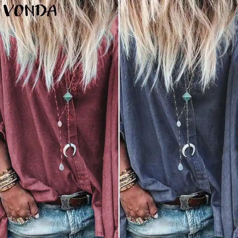 VONDA, женская блузка с лацканами, на пуговицах, с рукавом до локтя, с рюшами, сексуальные свободные рубашки для беременных, Женская туника, топы для беременных, 5XL