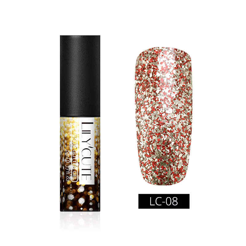 Gold LC-08 LILYCUTE косметика парфюмерия диспенсер 5 мл Платиновый Гель-лак со сверкающими блёстками розы цвета: золотистый, серебристый! полупостоянная био-Гели Soak Off УФ гель для ногтей лак для ногтей, гель - Цвет: Gold LC-08
