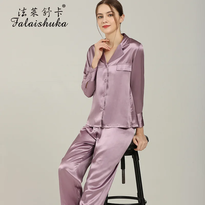 Women's Silk Pajamas Set Solid Color 2021 Summer Spring Full length Sleeve Sleepwear Home Wears