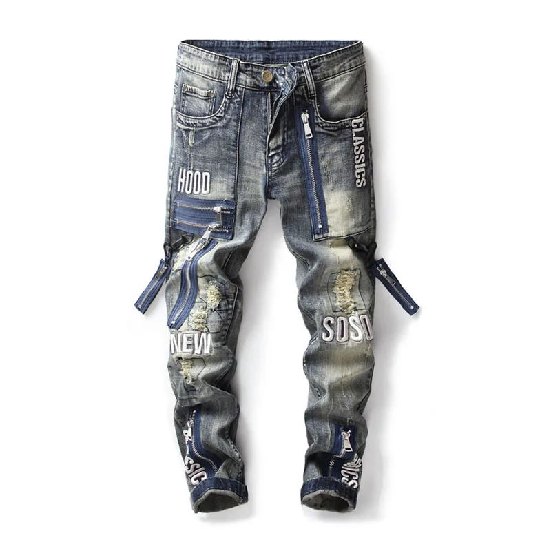 

Fashion Men Ripped Pleated Biker Jeans Pants Multi Zipper Streetwear Distressed Denim Trousers For Male Embroidery