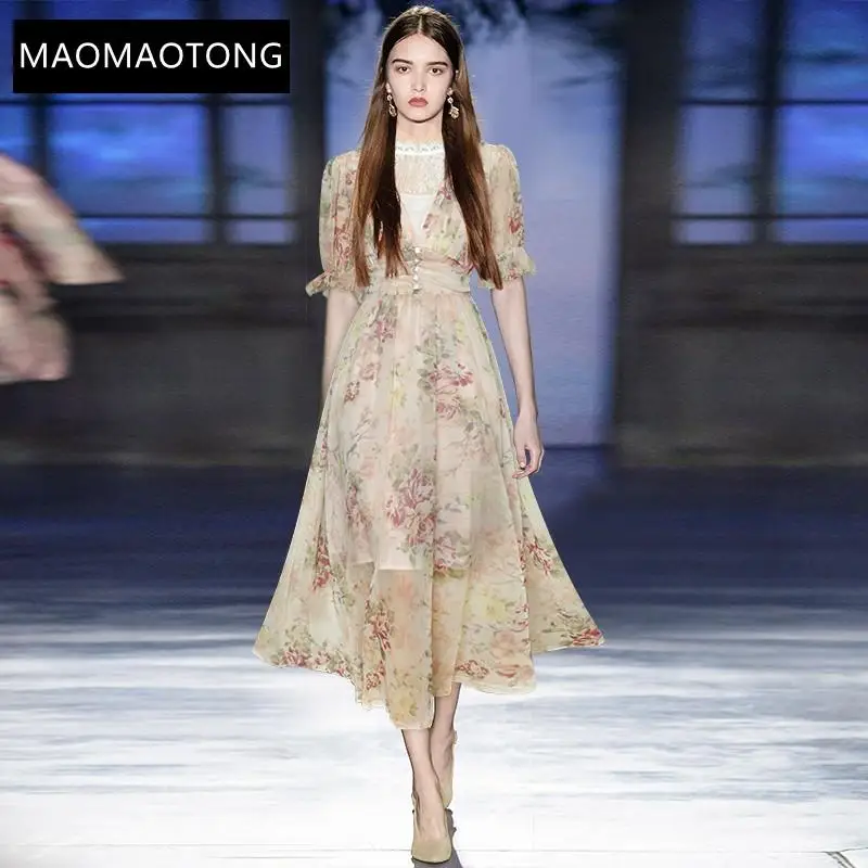 

Fashion Designer Summer Chiffon Vacation Dress Women's Puff Sleeve Lace Splicing Flower Print Vintage Party Midi Dress