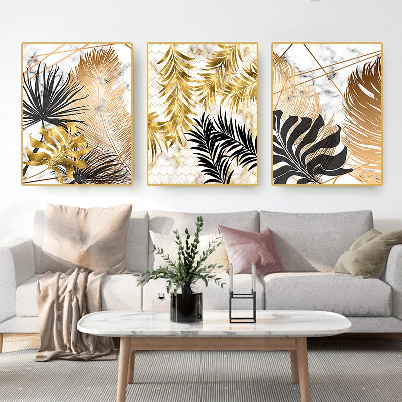 

Marble Posters and Prints Golden Tropical Leaves Wall Art Picture Abstract Plants Canvas Painting Nordic Luxury Home Decoration