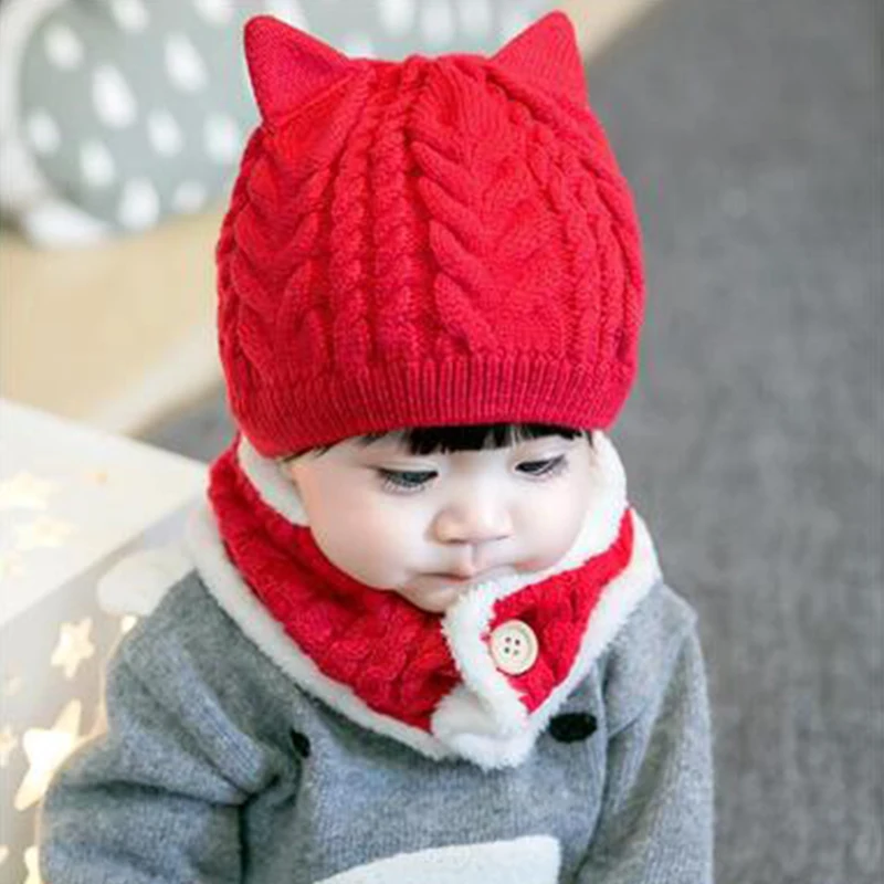 2Pcs/Set Baby Hats Scarf Knitted Wool Newborn Turban Beanie Warm Print Caps Soft Hat For Girls Boys Elastic Bonnet Autumn Winter | Детская