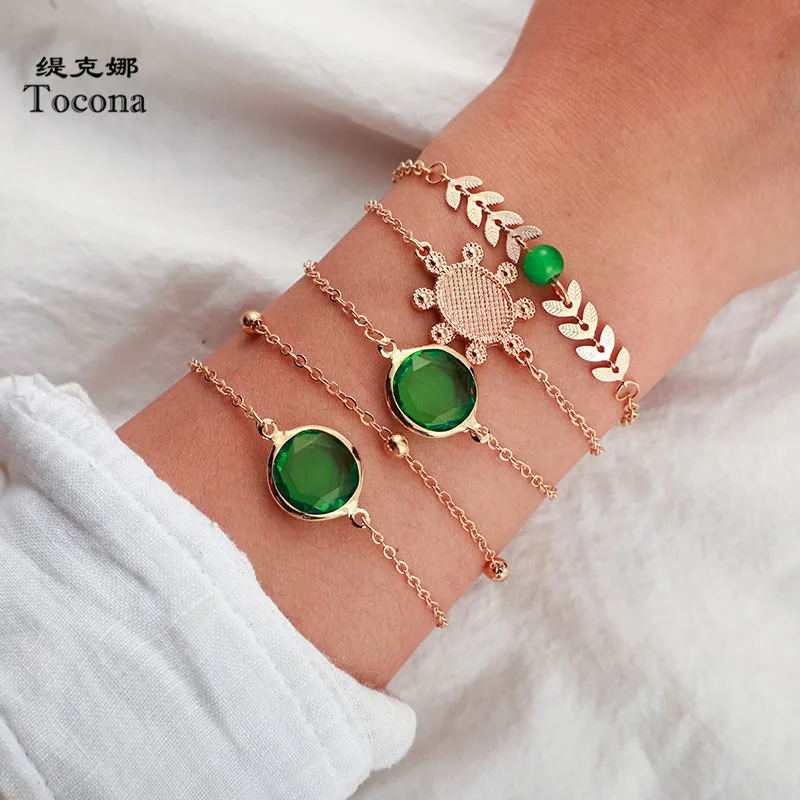Tocona 5 шт./компл. Роскошные зеленые стразы браслеты для женщин богемный