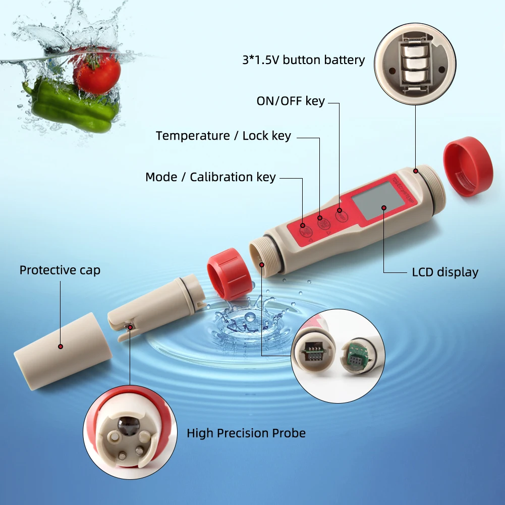 Измеритель кислотности 4 в 1 TDS EC цифровой тестер температуры и PH с ЖК дисплеем для
