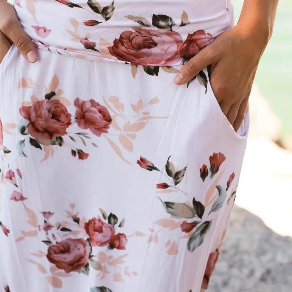 

Boho Women Pocket Casual Beach Long Skirt Flower Printed Maxi Skirts Elastic Waist dress