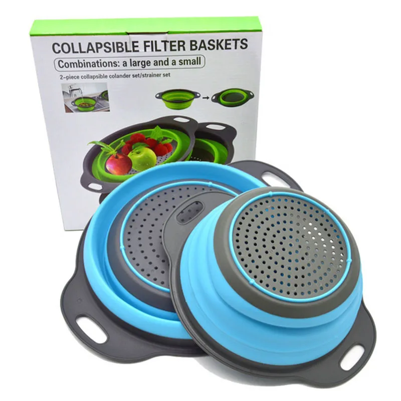 

2pcs/Set Foldable Silicone Colander Kitchen Tools Fruit Vegetable Washing Basket Strainer Collapsible Drainer Packing with Box