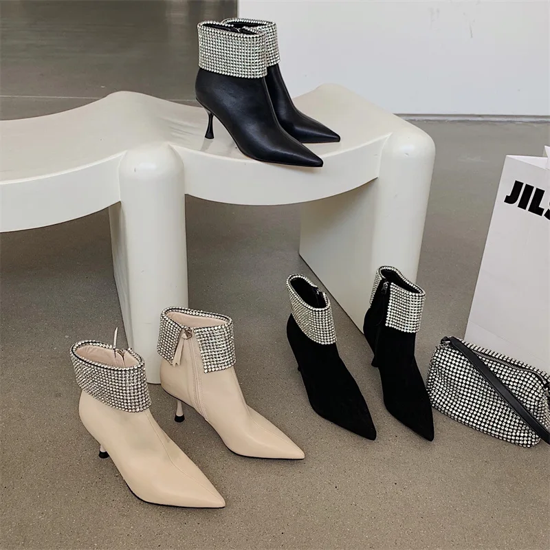 

2021 Autumn New Rhinestone Pointed High Heels Women's Short Boots Female Stiletto Fashion Ankle Boots Winter Skinny Boots