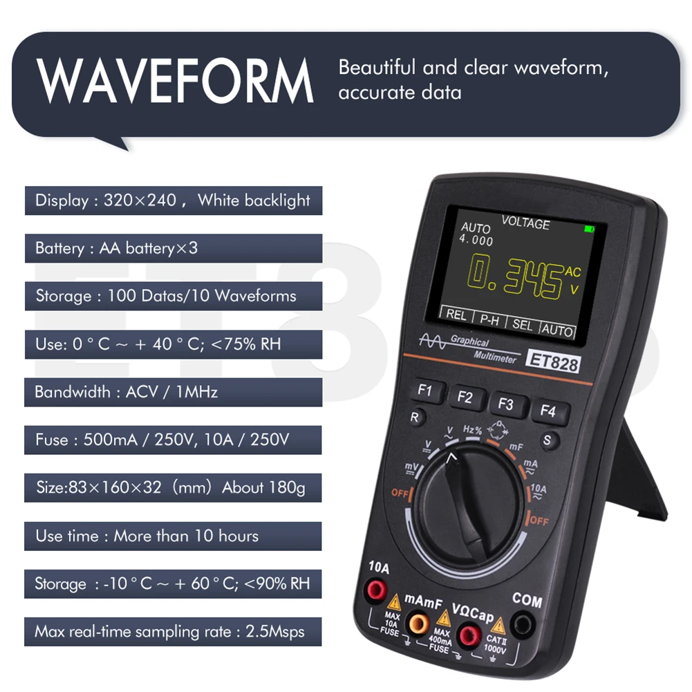 

ET828 2 in 1 Oscilloscope Multimeter Digital 1MHz 2.5Msps Strong Toughness Electric Portable Resistance Test Meter