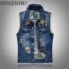 Жилет мужской джинсовый, хлопковый, приталенный, синего цвета, размеры 4XL