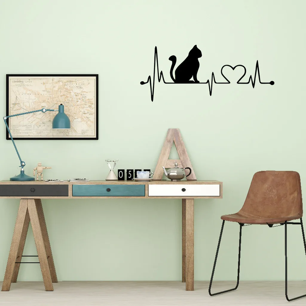 Черная резная Настенная Наклейка с изображением кошки и сердцебиения домашний