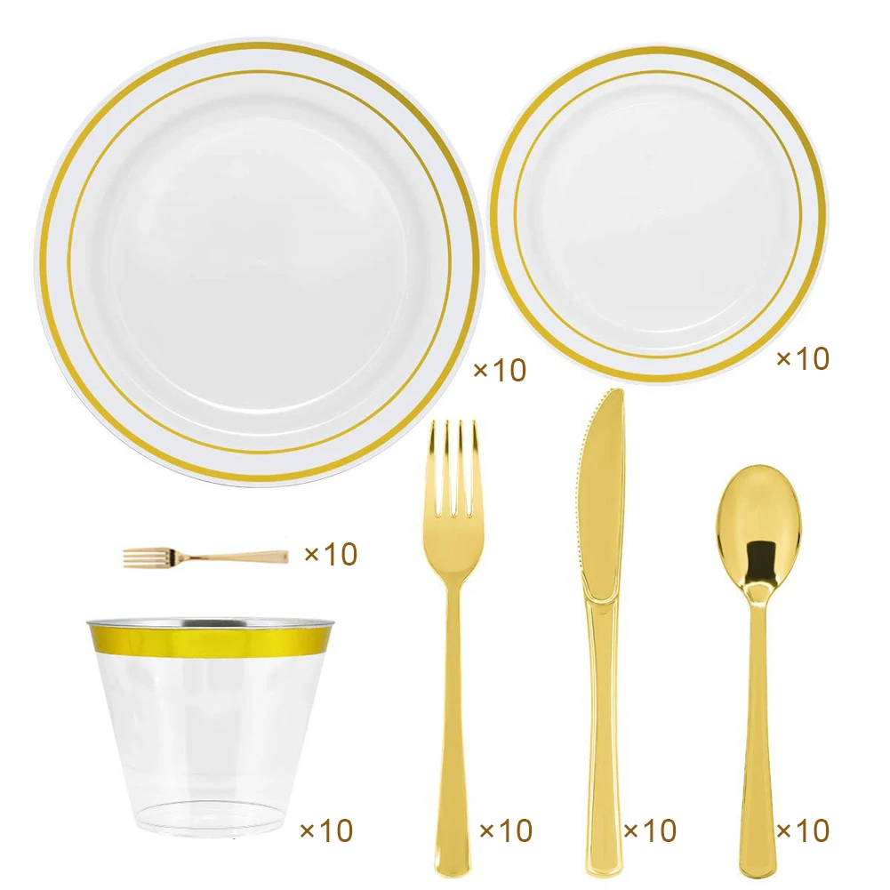 

Disposable Gold Dinnerware Set for Party or Wedding 10 Guest Gold Rim Plastic Plates Gold Rim Plastic Cups