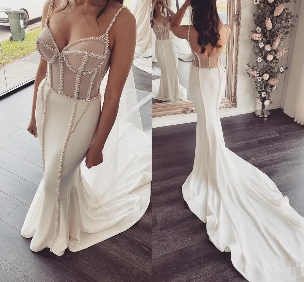 

Luxury Beaded Mermaid Wedding Dresses Spaghetti Straps Pearls Chapel Train Sexy Illusion Bodice Custom Made Wedding Bridal Gown