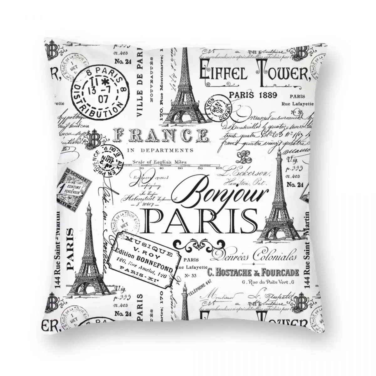 Винтажный черный и белый квадратный чехол для подушки в Париже полиэстеровый