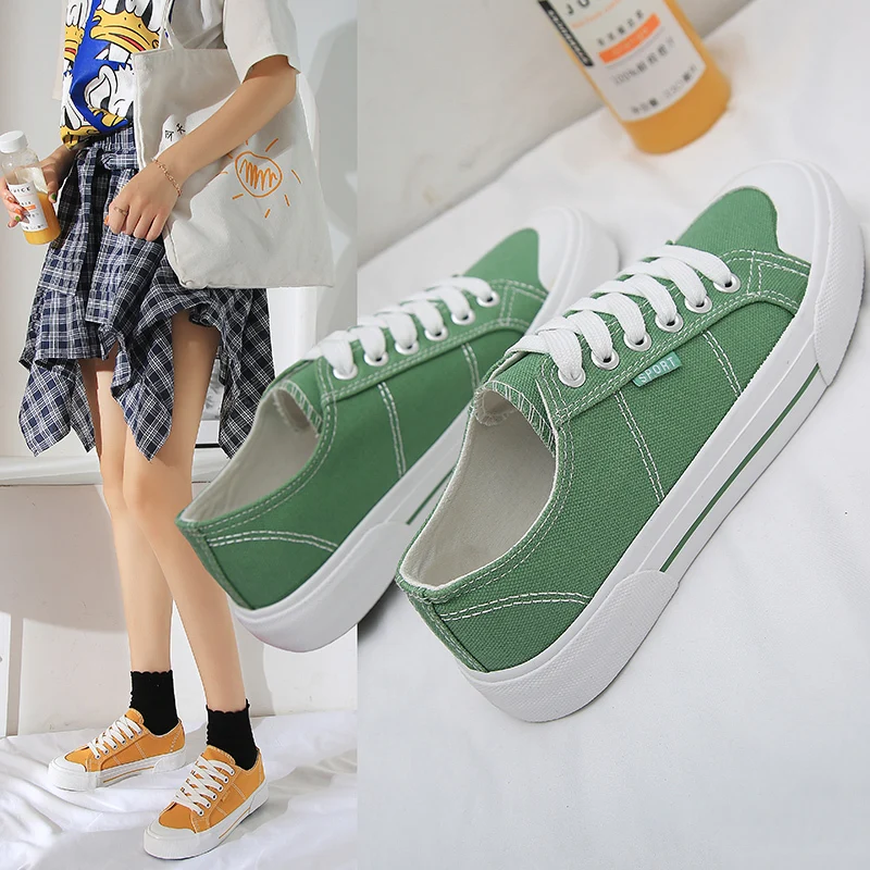 yellow canvas sneakers women flats shoes vulcanized solid low top casual green | Обувь