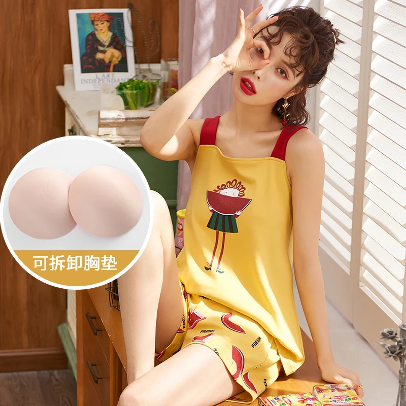 Женский Летний милый жилет из чистого хлопка комплект домашней одежды без