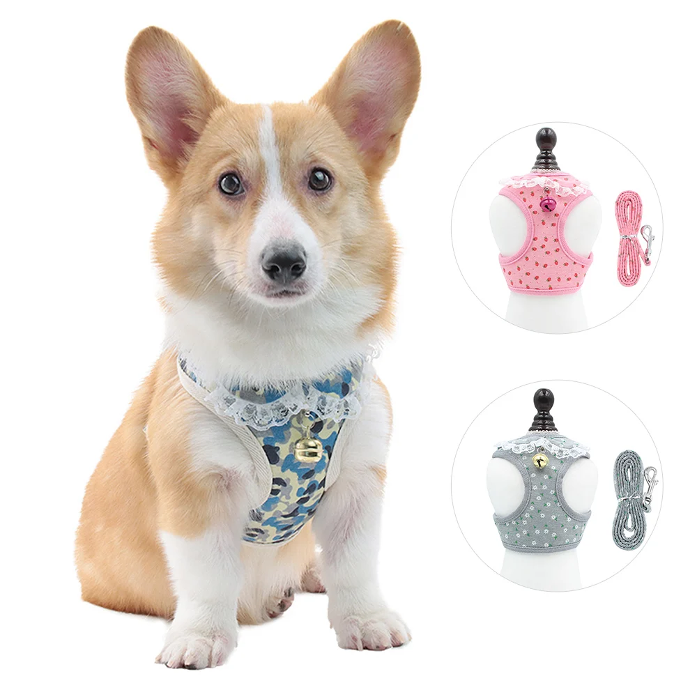 

Pet Dog Harness Set Cute Lace Puppy Soft Breathable Mesh Chest Strap With Bells Traction Rope for Small Medium Pet Vest