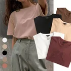 Футболка женская оверсайз с круглым вырезом, базовая однотонная Повседневная Свободная рубашка в стиле Харадзюку, корейский топ в стиле Харадзюку, на лето