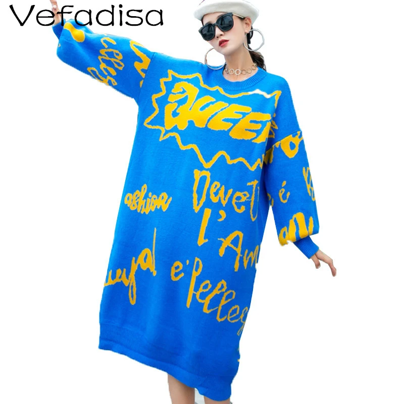 

Vefadisa Woman Sweater Dress 2020 Autumn Winter Letter Pattern Round Neck Sweater Mid-length Knitting Sweater Dress CasualLHX229