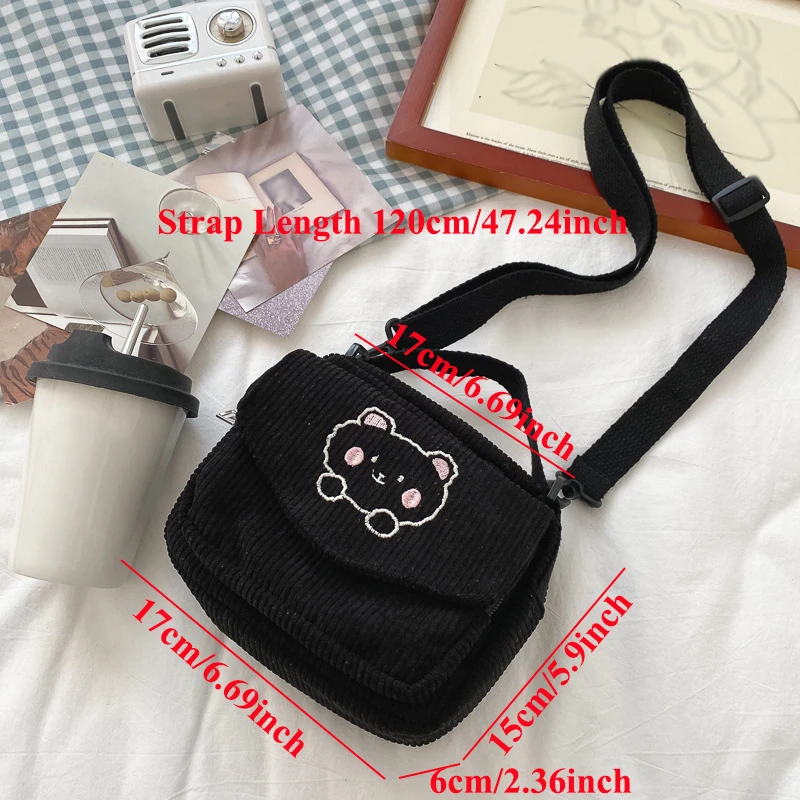 

Student Canvas Zipper Bag Preppy Style Cute Bear Tote Shoulder Messenger Bags Small Corduroy Bag Girls Travel Purse Handbag Hot
