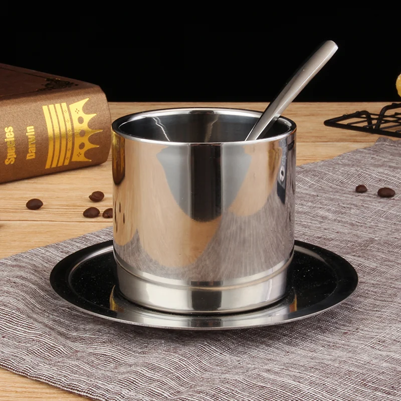 

European Style 304 Stainless Steel Coffee Cup Set With Coaster and Spoon Double Insulation Afternoon Tea Flower Tea Milk Tea Cup