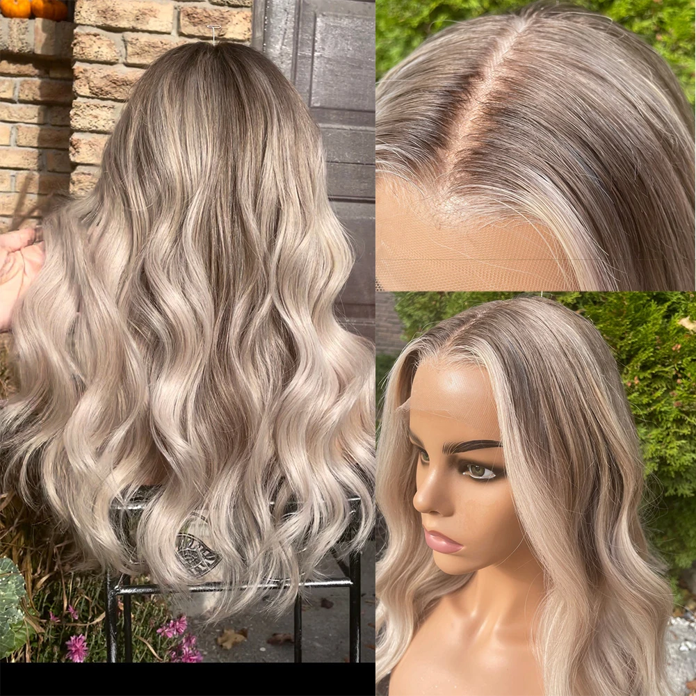 Platinum Ash Blonde Full Lace Human Hair Wigs 13x6 Lace Frontal Wig Dark Blonde Roots Pre Plucked 150% Long Wavy Wig for Women images - 6