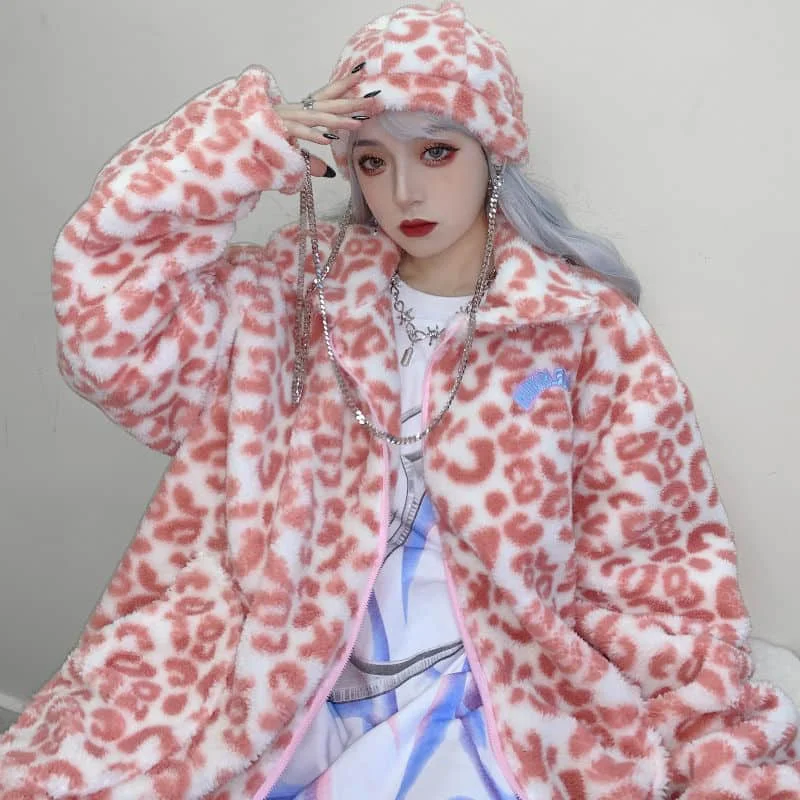 

Women Pink Leopard Jackets Plus Size Winter Cute Fuzzy Tie-dyed Outcoats Women Jacket Warm Plush Wool Jackets Chaque