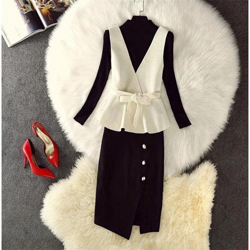 Women's Autumn New Korean Fashion Suit Three-piece Waistcoat + Knitted Top High Waist Bag Hip Skirt Female Sets |