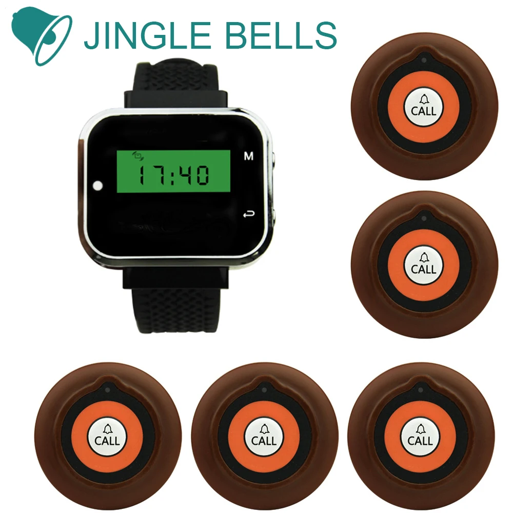 JINGLE BELLS Hotel Cafe call buttons wireless restaurant calling bells 5 transmitters 1 watch pager waiter calling systems