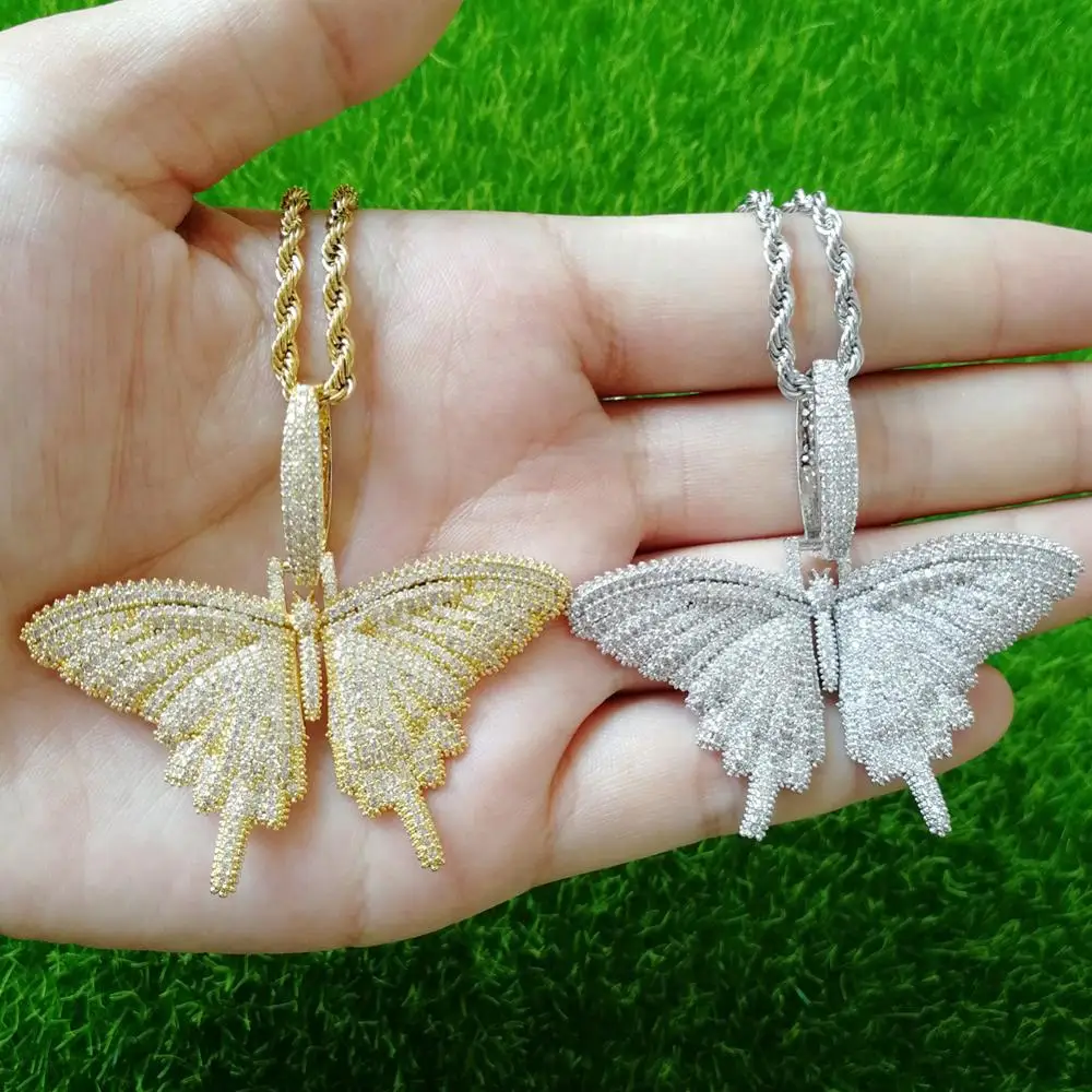 

Animal Butterfly Necklace Pendant Iced Out Chain Gold Silver AAA Cubic Zircon Men's Women Hip Hop Rock Jewelry
