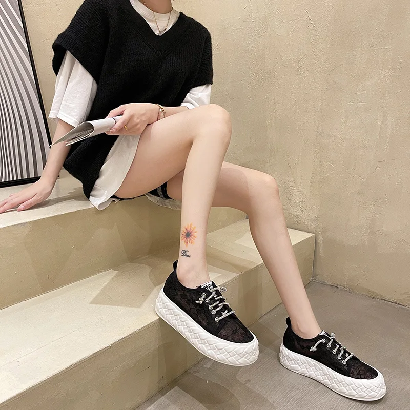 

Espadrille Shoes Clogs Platform Casual Female Sneakers Crystal Round Toe Summer Creepers Rhinestone New Small Cross Lace-Up PU F