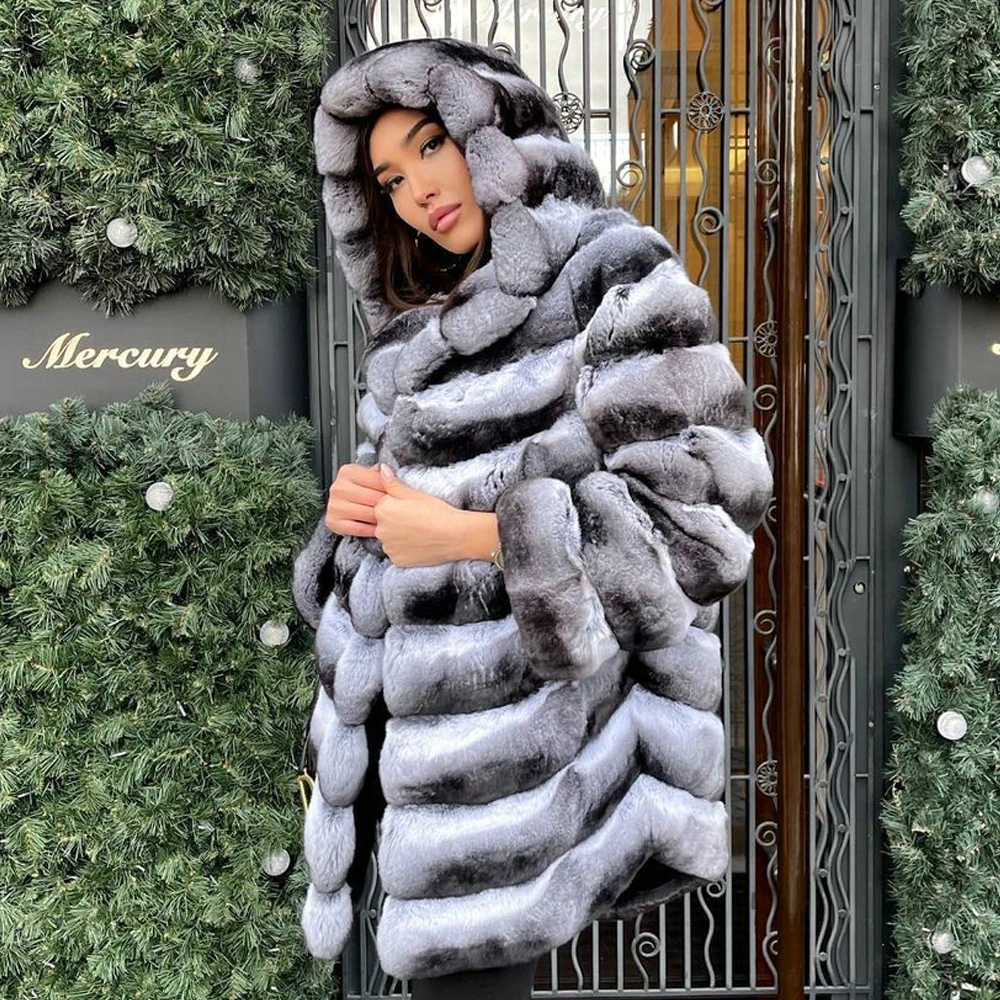 Women Real Rex Rabbit Fur Coat with Hood Winter Fashion Medium Length Natural Rex Rabbit Fur Jacket Chinchilla Color Overcoats