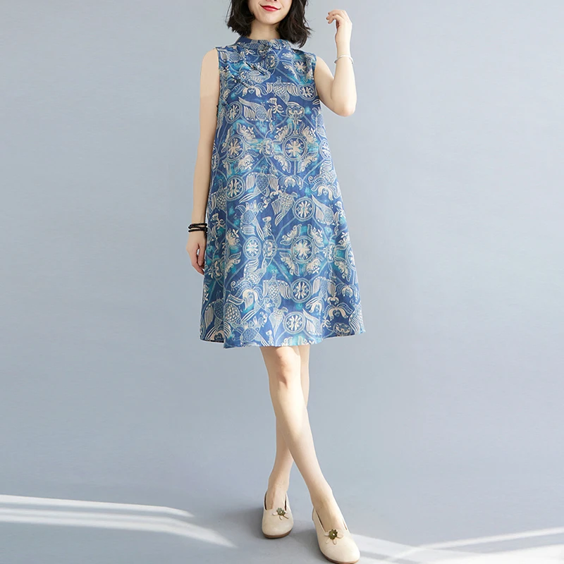 

Floral Print Women Summer Sleeveless A-Line Dress Plus Size Round Neck Loose Casual Ladies Chinese Cheongsam L-3XL Midi Dresses