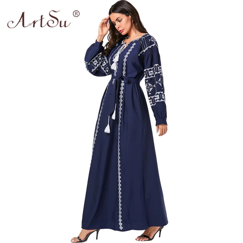 

ArtSu 2019 Autumn Winter Women Lantern Sleeve Retro Ethnic Red Long Dress Casual Tie Neck Tassel Geometric Embroidery Robe Femme