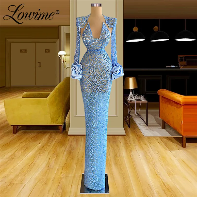 

Lowime Blue Evening Dresses Long Sleeves Illusion Celebrity Dresses Robe De Soirée Femme 2022 New Arabic Prom Dress Party Gowns